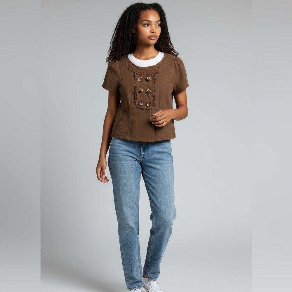 Anthropologie Brown Short-Sleeve Buttoned Top